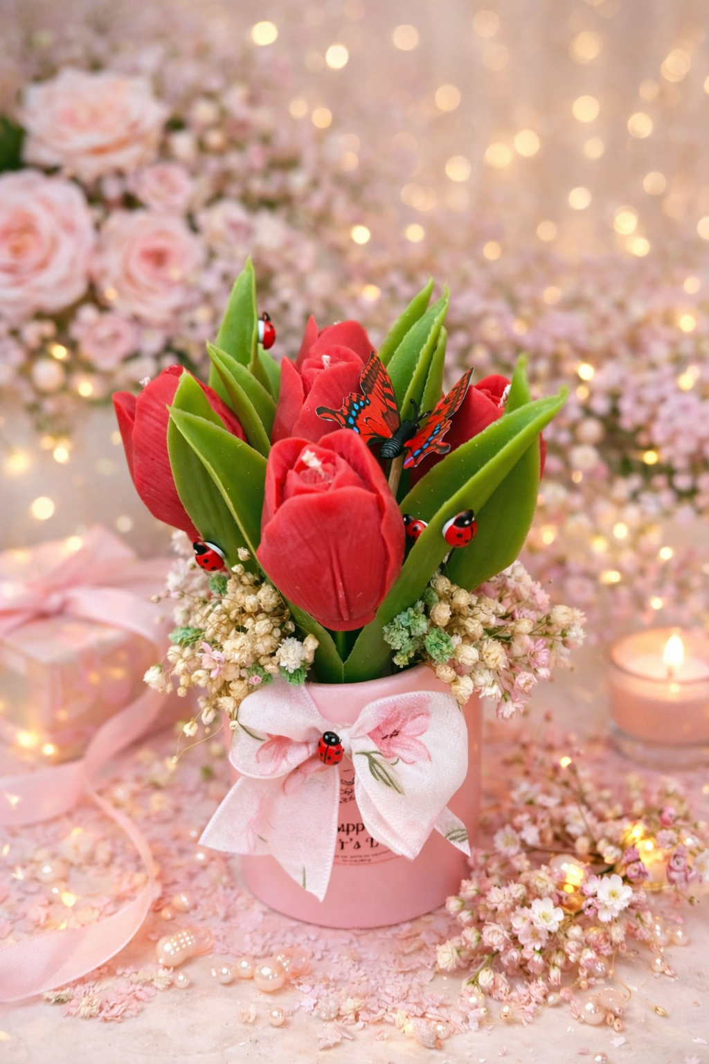 Red Tulip Soy Wax Candle Bouquet – Handmade Scented Flower Arrangement