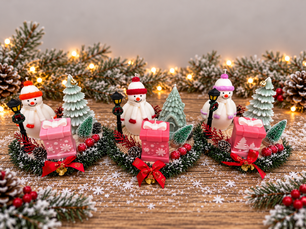 🎄 Christmas Snowman Candle Arrangement – Handmade Festive Decoration