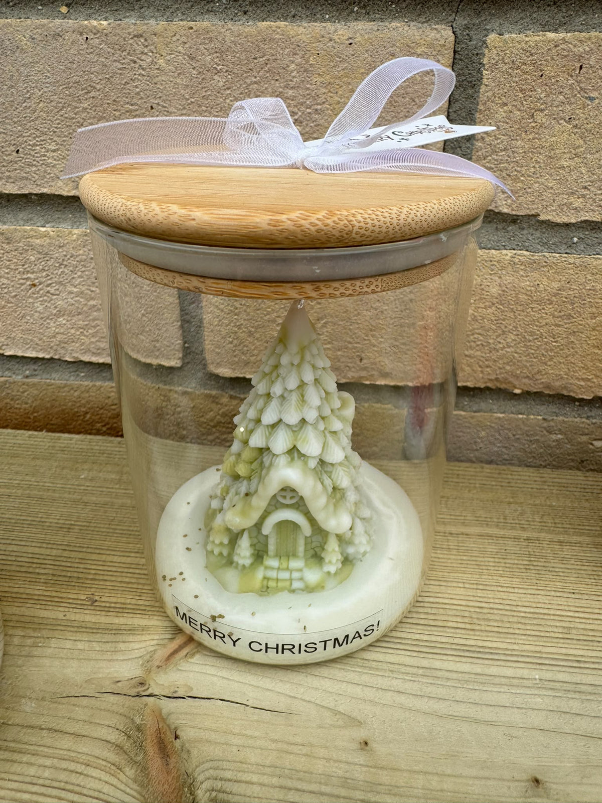 🎄 Christmas Tree & Snowy Cottage Candle in Glass Jar – Handmade Christmas Gift