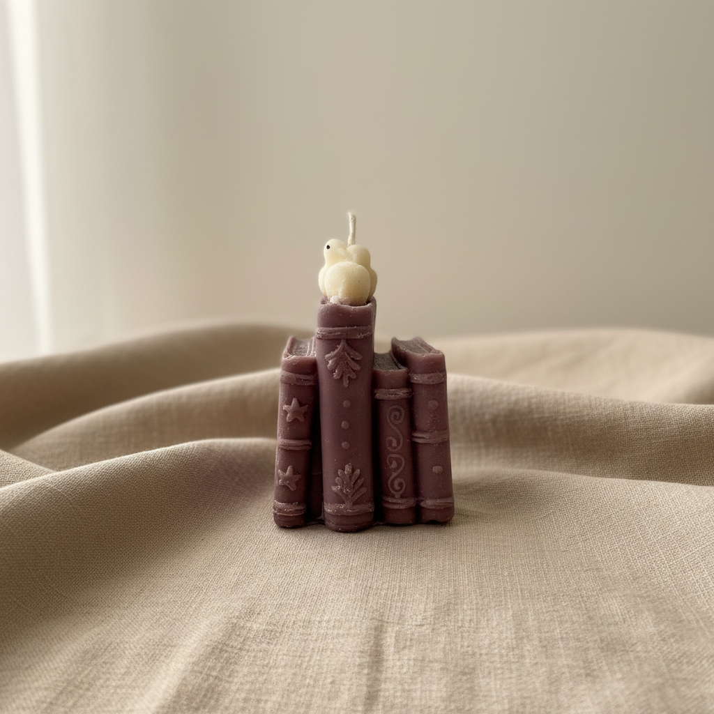 Book stack candle on beige linen