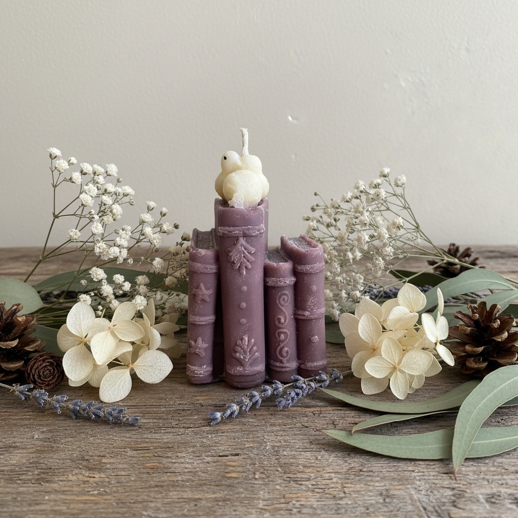 Book stack candle with dried flowers