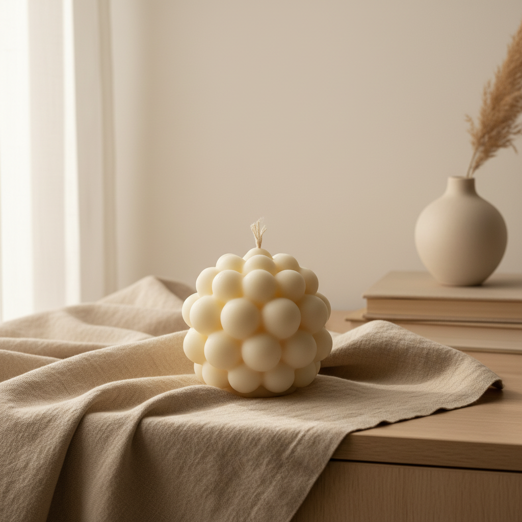 Bubble candle on beige linen