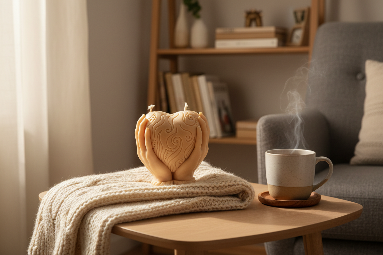 Heart in hands cozy background