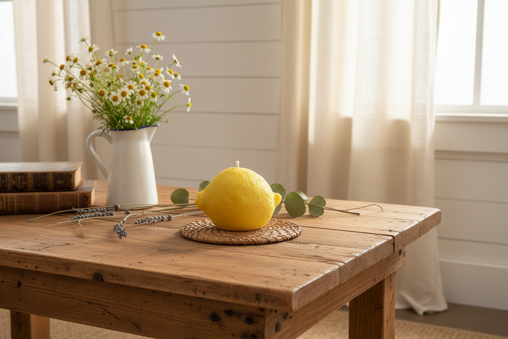 Lemon candle rustic background