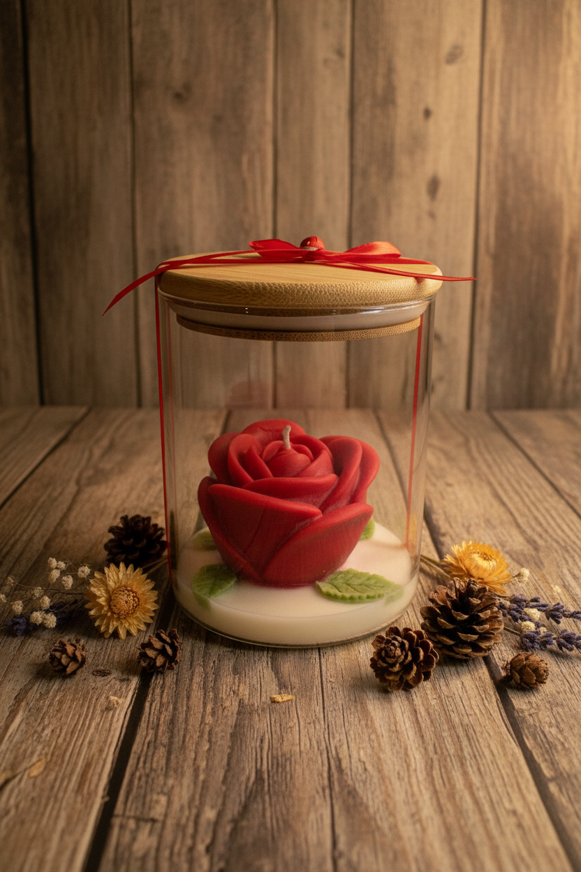 🌹 Rose Candle with Leaf Detail in Glass Jar – Handmade Soy Wax Gift