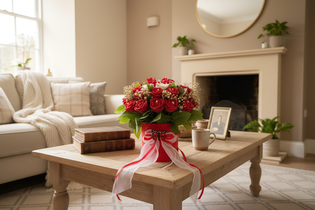 Rose arrangement in lifestyle setting