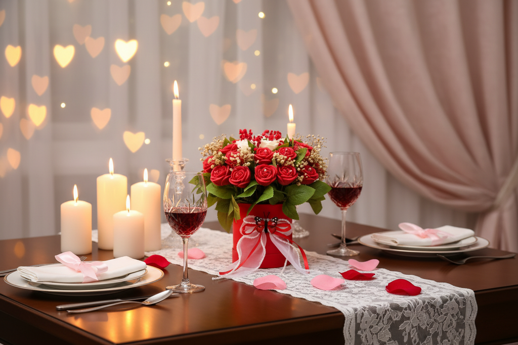 Rose arrangement with romantic Valentine's theme