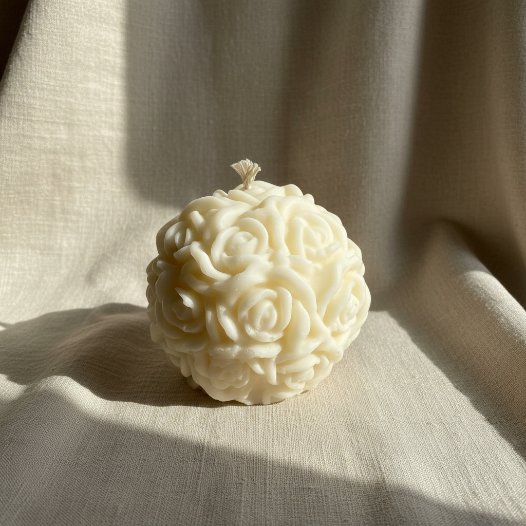 Rose ball candle on beige linen