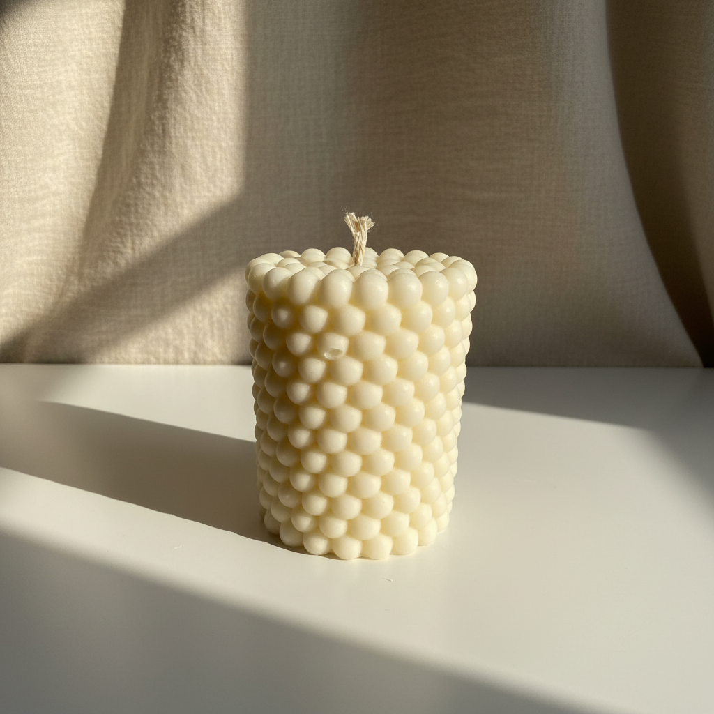 Textured candle on beige linen