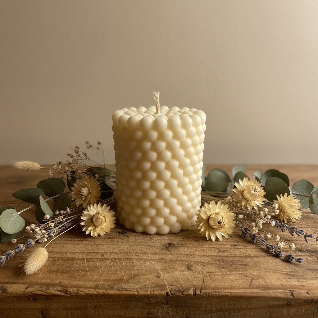 Textured candle with dried flowers